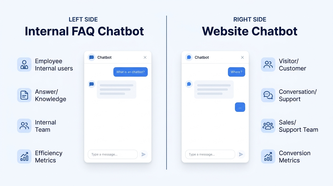 Comparison diagram showing the difference between an internal FAQ chatbot and a website chatbot