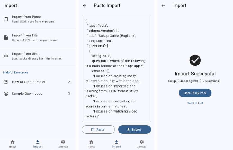 JSON import steps in Sokqa